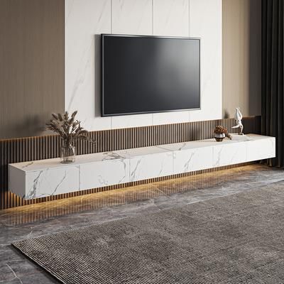 Modern White Floating TV Stand, Matte Sintered Stone Wall-mounted TV Console with Drawers Storage, Flip-down Door, 110"