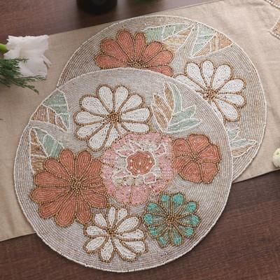 'Set of 4 Floral-Themed Glass Beaded Placemats from India'
