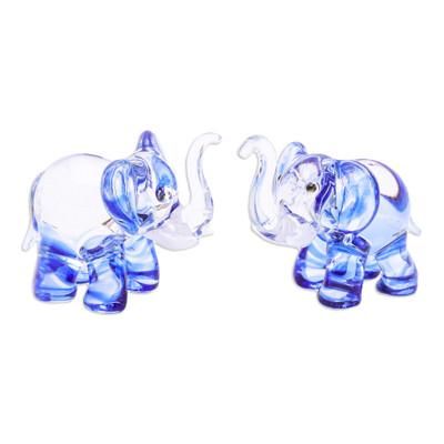 'Pair of Blue-Toned Handblown Glass Elephant Figurines'