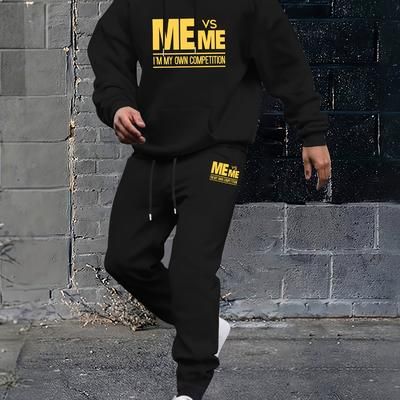 Me Vs Me I Am My Own Competition Print Men's 2pcs Outfits Casual Crew Neck Long Sleeve T-shirt Hooded Sweatshirt & Drawstring Sweatpants Joggers Set For Winter Fall Men's Clothing