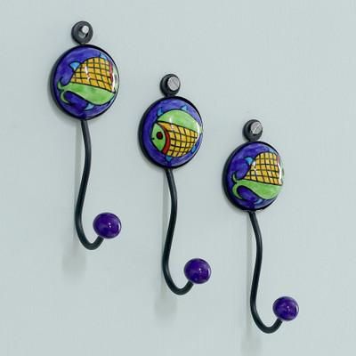 'Set of 3 Ceramic Coat Hooks with Hand-Painted Fish Motifs'