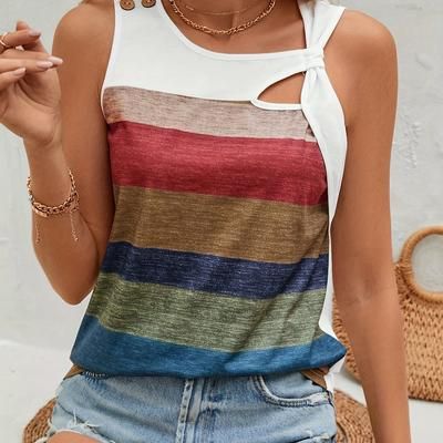 Color Block Cut Out Tank Top, Elegant Button Detail Sleeveless Asymmetric Neckline Top, Women's Clothing