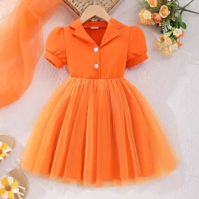 2024 arancione bavero maglia vestito bambini ragazza vestiti manica corta 3 4 5 6 7 Y estate Casual