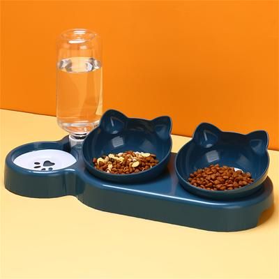 TEMU Cat Bowls Double Feeder - Plastic Pet Food & Water Bowls For Cats, Automatic Water Dispenser, Dual Dish Set With Paw Print Design
