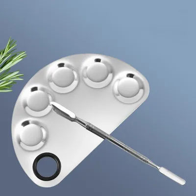 2PCS 5-Well Makeup Palette with Spatula, Stainless Steel Nail-Art Cosmetic Artist Mixing Palette for Mixing Foundation Silver