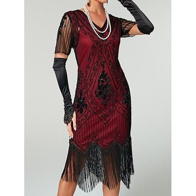 Anni Ruggenti Anni 1920 Lunghezza al ginocchio Vestito Abito Flapper Abito da Ballo Maniche corte Il grande Gatsby Charleston Paillettes Frangia con nappe Scollo a V Costume Per donna Carnevale