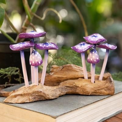 'Handcrafted Nature-Themed Purple Mushroom Wood Sculpture'