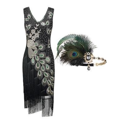 Anni Ruggenti Anni 1920 Lunghezza al ginocchio Abito Flapper Fascia Flapper Senza maniche Il grande Gatsby Ragazza Flapper Invitato al matrimonio Paillettes Frangia con nappe Piuma Scollo a V Costume