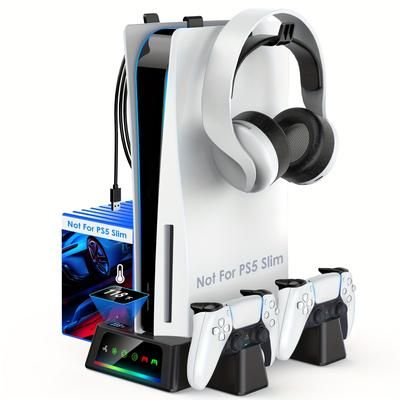 TEMU Ps5 Stand And Cooling Station With Temperature Sensor (not For Ps5 Slim), Fast Dual Controller Charger Station Accessories Cooler Fan With 2 Headset Holder