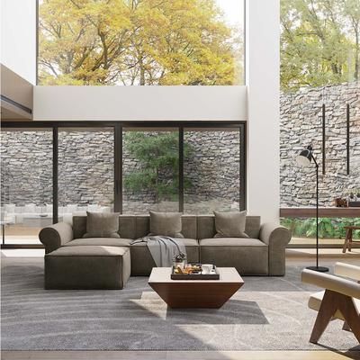 113.78" Roll Arm Modular Sofa with Ottoman, Deep Seat Couch, Anti-scratch and Water-proof, Living Room Sofa, Fabric, Khaki