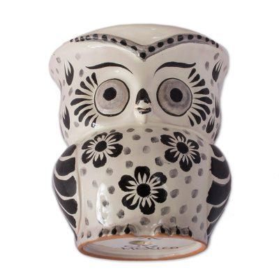 Floral Owl,'Black and White Ceramic Owl Flower Pot from Mexico'