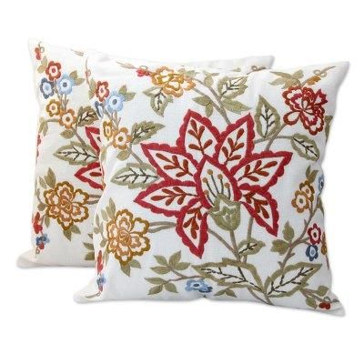 Embroidered cotton cushion covers, 'Jaipur Meadow' (pair)