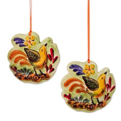 Colorful Birdsong,'Colorful Ceramic Bird Ornament Pair from Mexico'
