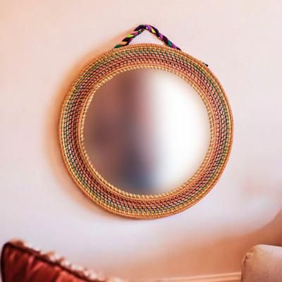 Joyous Reflections,'Braided Round Colorful Pine Needle and Cotton Wall Mirror'