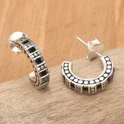 'Oxidized and Polished Sterling Silver Half-Hoop Earrings'