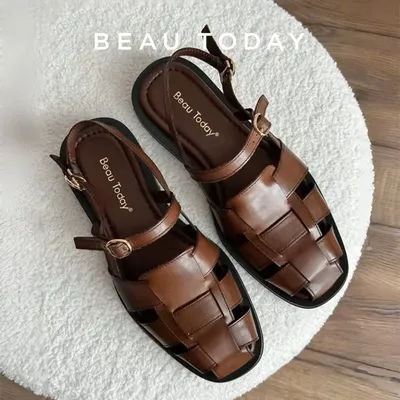 BEAUTODAY-Sandales Gladiateur en Cuir de Vache group pour Femme, Couverture Solide, Parker, Décoration en Métal, Plates d'Été, Faites à la Main, 32406