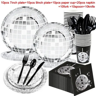 Disco Theme Party Disposable Tableware Set Silver Disco Ball Plates Napkins Cups 70s Birthday Party Decoration Wedding Supplies