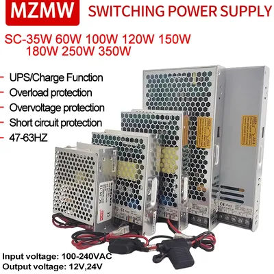 MZMW 35W 60W 100W 120W 150W 180W 250W 350W Battery Charger Switching Power Supply 110/220V AC/DC 12V 24V UPS/Charge Function