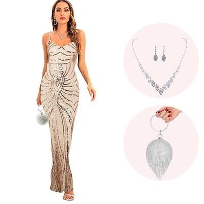 Anni Ruggenti Anni 1920 Lunghezza alla caviglia Abito da sera Abiti Senza maniche Il grande Gatsby Invitato al matrimonio Paillettes Scollo a V Costume Per donna Natale Carnevale Mascherata Festa