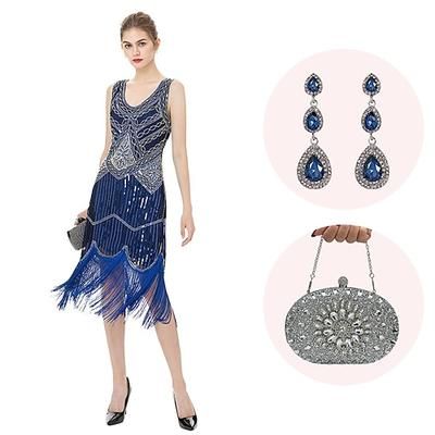 Anni Ruggenti Anni 1920 Lunghezza al ginocchio Abito Flapper Abiti Senza maniche Il grande Gatsby Invitato al matrimonio Paillettes Frangia con nappe Scollo a V Costume Per donna Natale Carnevale