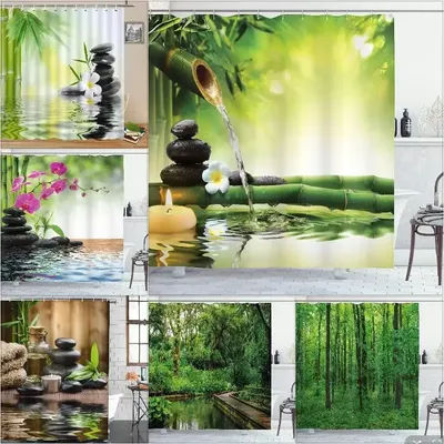unframed Bamboo Zen Shower Curtain Green Nature Forest Stone Spa Candle Summer Tropical Bamboo Forest Orchid Bathroom Decor With