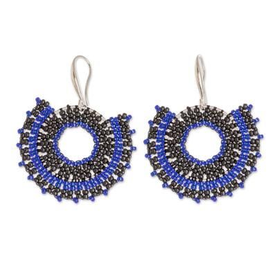 Blue and Black Moon,'Blue and Black Glass Beaded Dangle Earrings on Steel Hooks'
