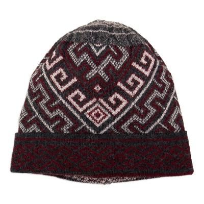 Andean Life,'Knit Grey Red White 100% Baby Alpaca Hat with Inca Motifs'