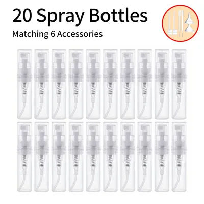 20Pcs+6 Accessories 2ml Mini Plastic Spray Bottle with 20 Snap-on Spray Bottles, 2 Funnel, 2 Dispenser Divas, 2 Straws