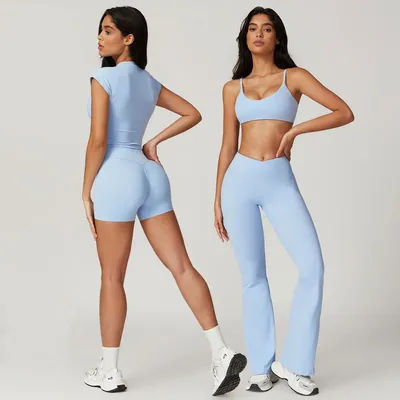 Vêtements de Sport pour femmes, ensemble de Yoga, 2 pièces, combinaison de Sport, vêtements d'entraînement, manches courtes, haut court, Leggings taille haute, vêtements de Fitness