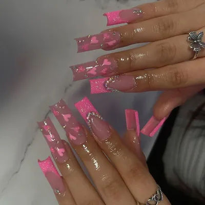 Femmes filles tendance 24 pièces/ensemble Long Ballet français coeur paillettes pierre décoration couverture complète portable faux ongles presse sur Nail Art