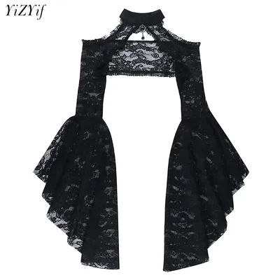 Punk boléro haussement d'épaules Top Trad Goth châles noirs manches évasées couverture enveloppes pour robes de soirée Cardigan court transparent dentelle haussement d'épaules