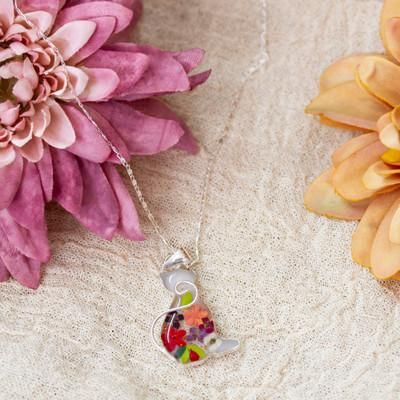 'Cat-Themed Natural Flower Sterling Silver Pendant Necklace'