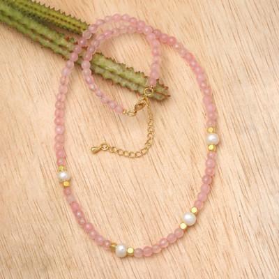 '18k Gold-Accented Rose Quartz and Pearl Beaded Necklace'