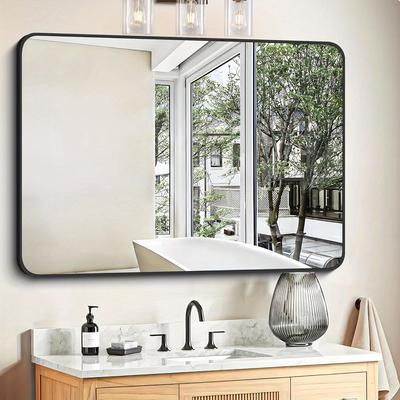 TEMU Bathroom Mirror, Large Square Wall Mirror With Black Aluminum Frame Rounded Corner, Wall Mounted Mirror For Bathroom Bedroom Entryway Living Room