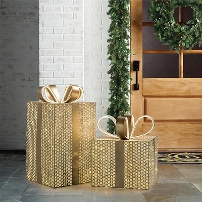 Gemstone Gift Box Lighted Outdoor Display - Gold, 26" in Gold - Frontgate