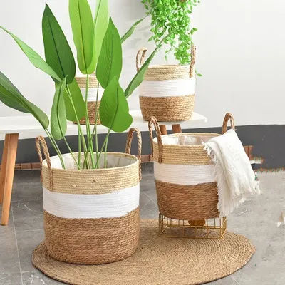 Panier de jardinière en osier fantaisie, Pot de fleur naturel, décoration d'intérieur, bambou de jardin, paniers de rangement en jonc de mer, porte-jouets