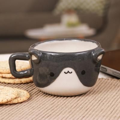 'Thai Animal-Themed Ceramic Grey & White Cat Espresso Cup'