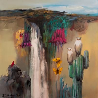 Guardians of the Stream,'Andean Landscape Painting of Waterfall Birds and Butterflies'