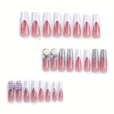 TEMU 24 Pcs/ Press On Nails Extra Long French Tips Fake Nails Glitter Full Cover Acrylic False Nails With 3d Daisy Designs Rhinestone Nails, For At Home Diy Quick Manicure Kit
