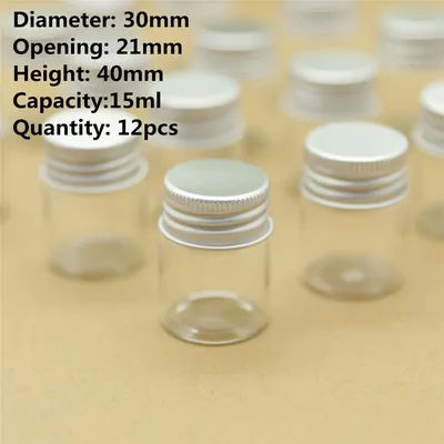 12 PCS/lot 21*30*40mm 15ml Small Glass Bottles Aluminum Caps Glass Jars Vials Test tube Transparent Glass Containers Bottles