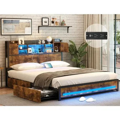 Queen Size Bed Frame with Storage Drawers and Bookcase Headboard, LED Light, Type-C & USB Ports,