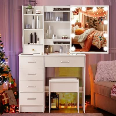 TEMU White Vanity Table With Led Lighted Mirror & Stool Set For Makeup Desk With 6 Drawer