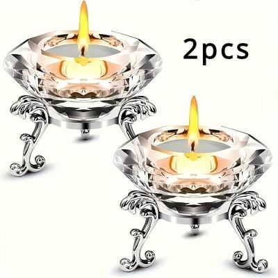 TEMU Elegant 2pcs K9 Clear Candlestick Set With Polished Metal Stand - Home, Office, And Party Decor