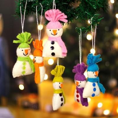Holiday Snowmen,'Set of Six Handcrafted Colorful Snowmen Wool Felt Ornaments'