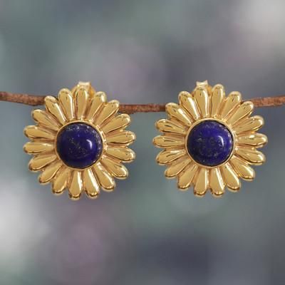 'Sunflower-Themed Brass and Lapis Lazuli Button Earrings'