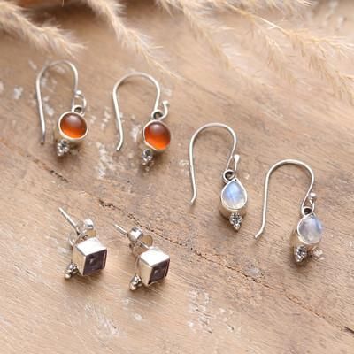 Triple Majesty,'Set of 3 Carnelian, Amethyst and Rainbow Moonstone Earrings'