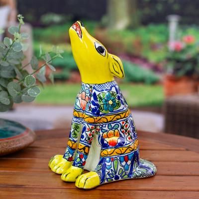 'Hand-Painted Talavera Style Yellow Ceramic Coyote Sculpture'