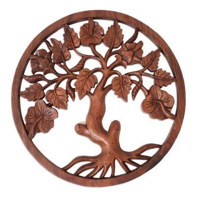 Hibiscus Charm,'Hand-Carved Suar Wood Relief Panel of Hibiscus Tree'