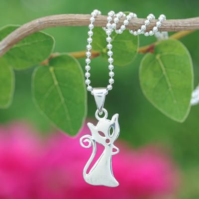 Cat Appeal,'Cat-Shaped Sterling Silver Pendant Necklace from Thailand'