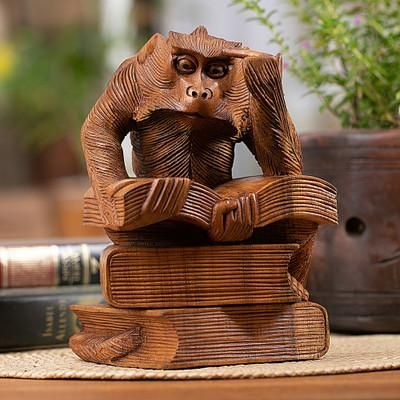 'Hand-Carved Inspirational Suar Wood Monkey Sculpture'